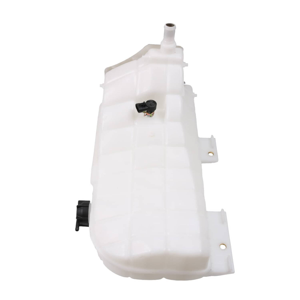 Coolant recovery reservoir tank bottle with attached sensor and mounting bracket, white plastic