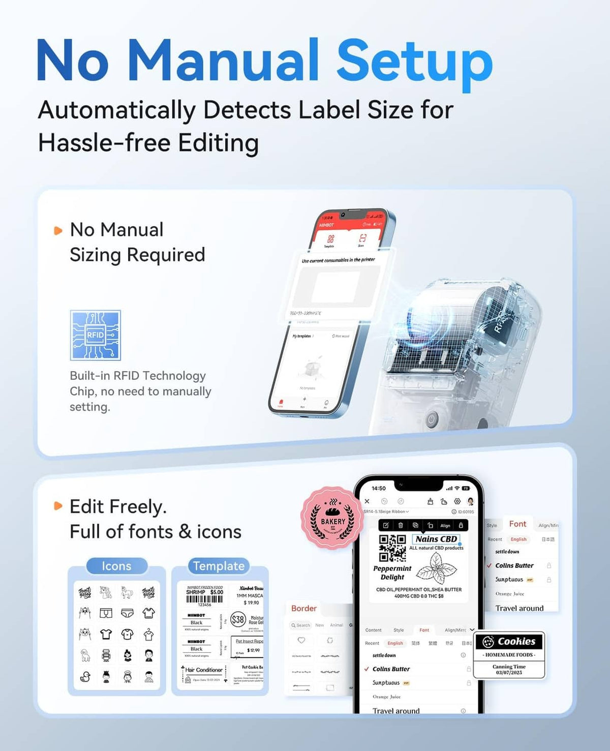 Grey label printer for automatic label sizing with no manual setup feature