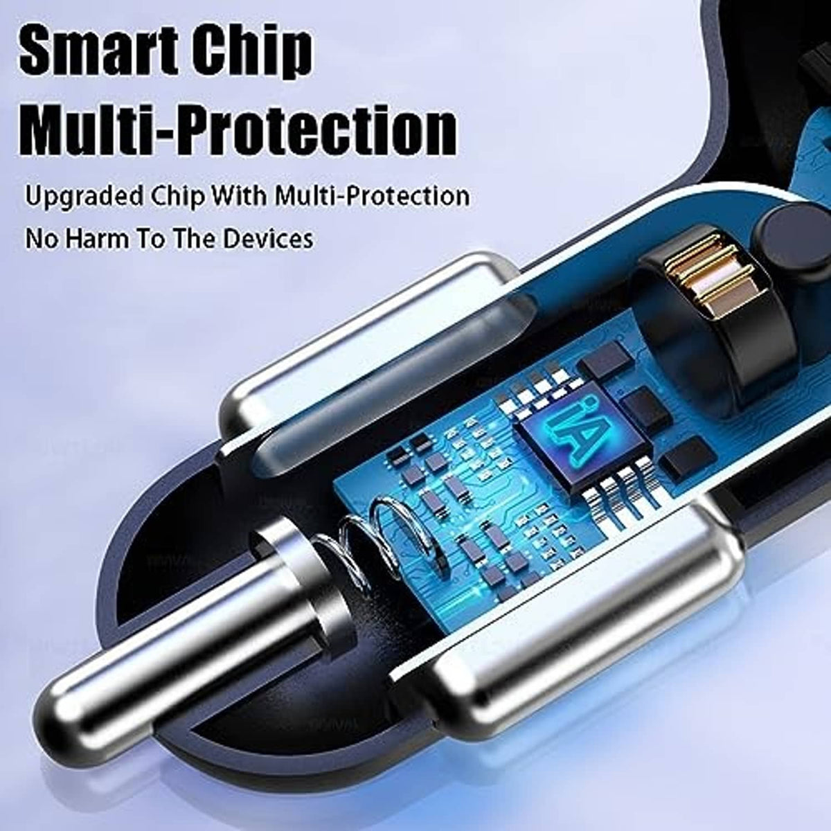 Close-up of black car charger interior circuit board with USB and Type-C connectors