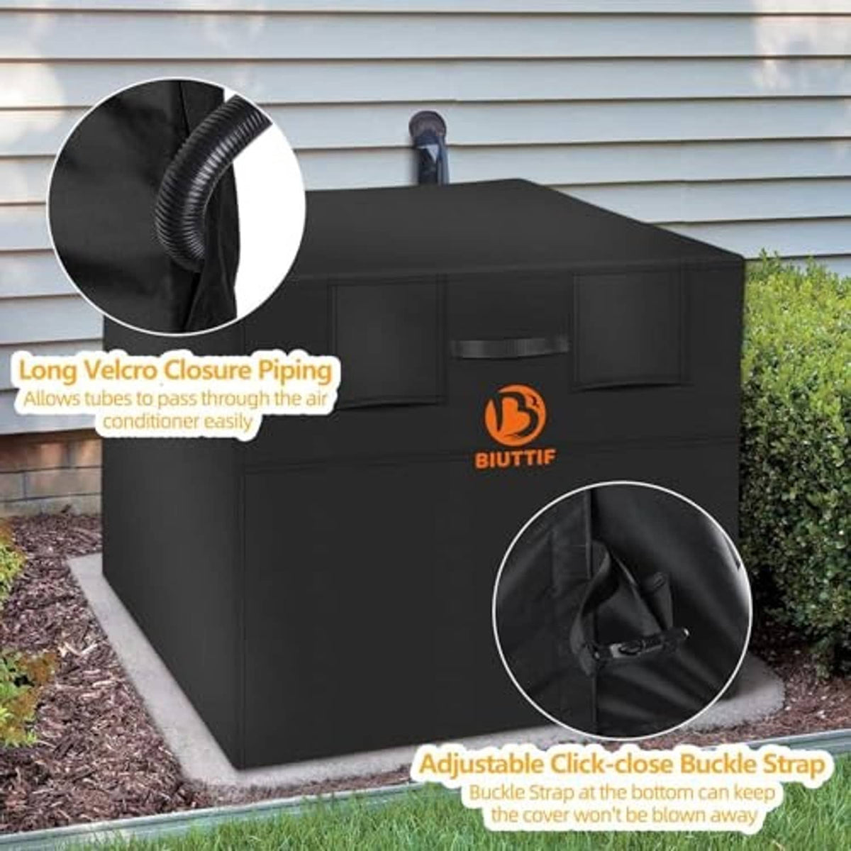 Outdoor AC cover with adjustable strap and side closure piping detail