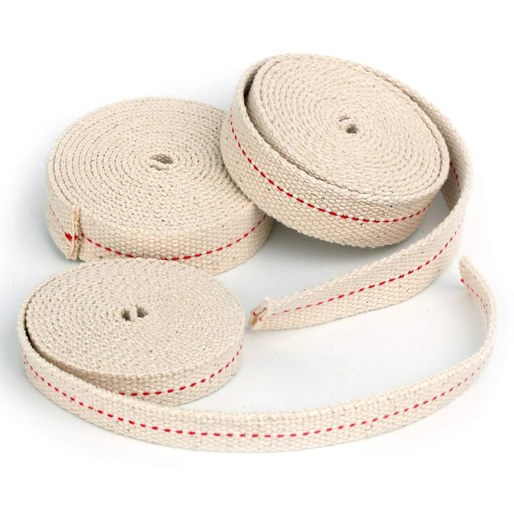 Oil lamp wick rolls, beige cotton with red stitched edges, 3 bundled coils