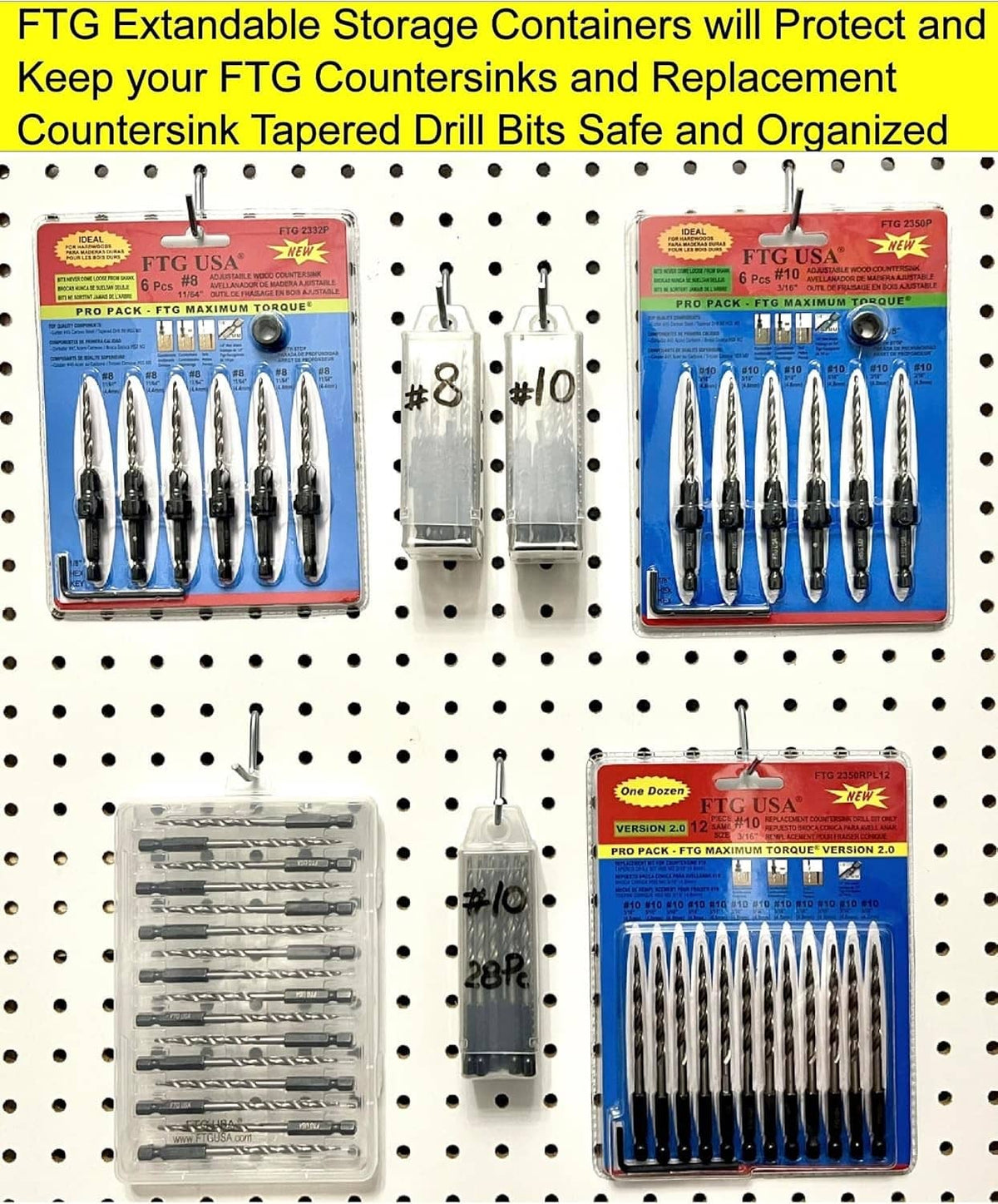 Extendable storage containers organizing tapered countersink drill bits safely