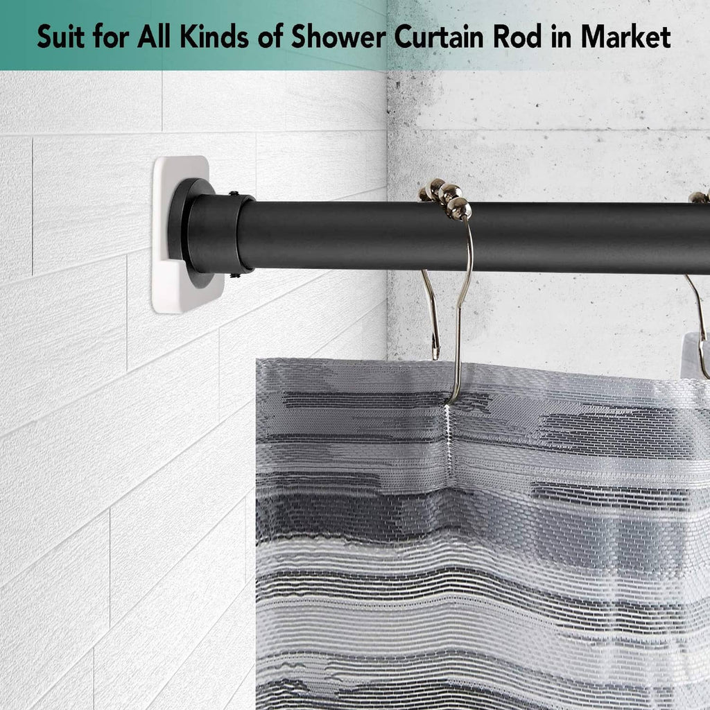 Wall-mounted shower curtain rod holder with dark cap holding a black rod