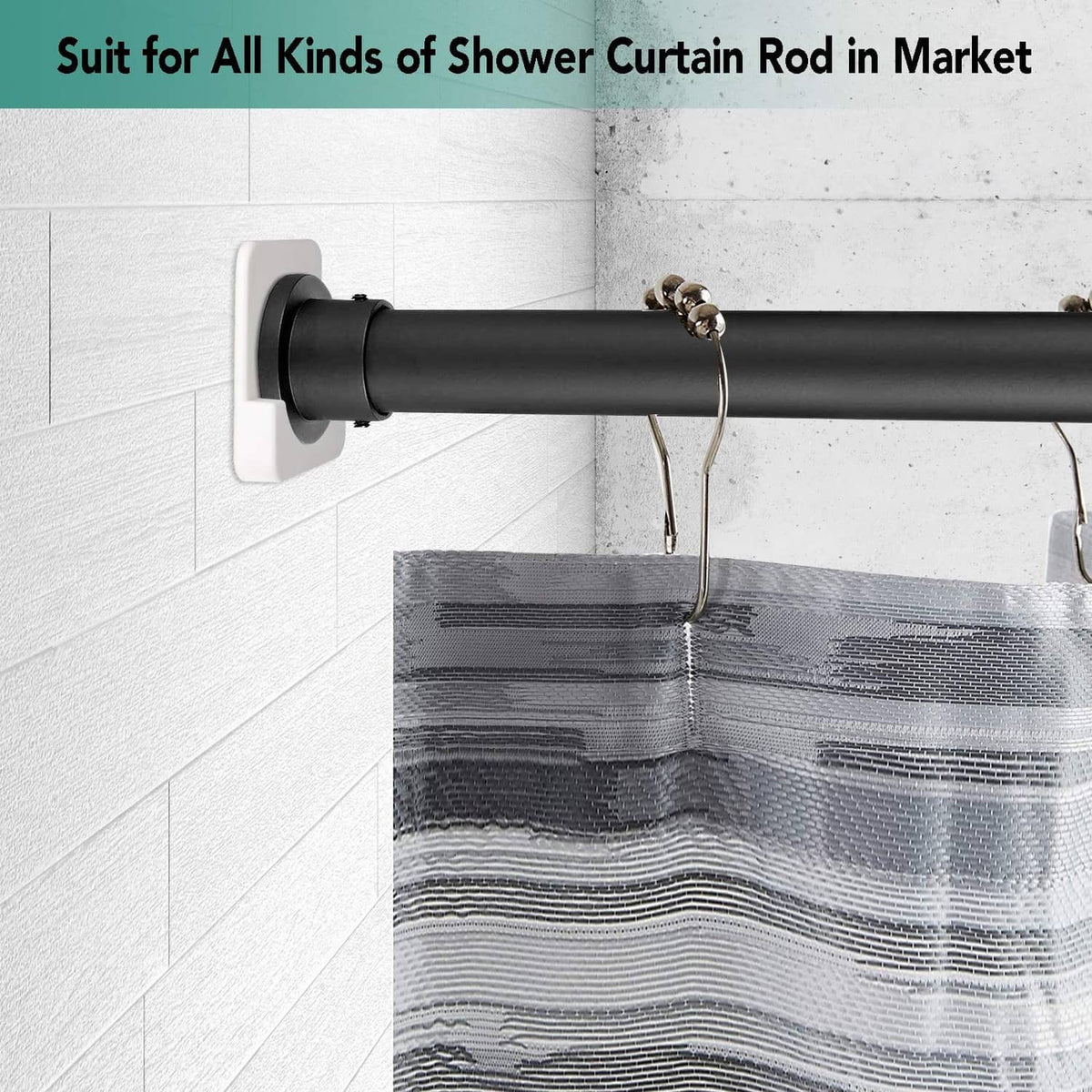Wall-mounted shower curtain rod holder with dark cap holding a black rod