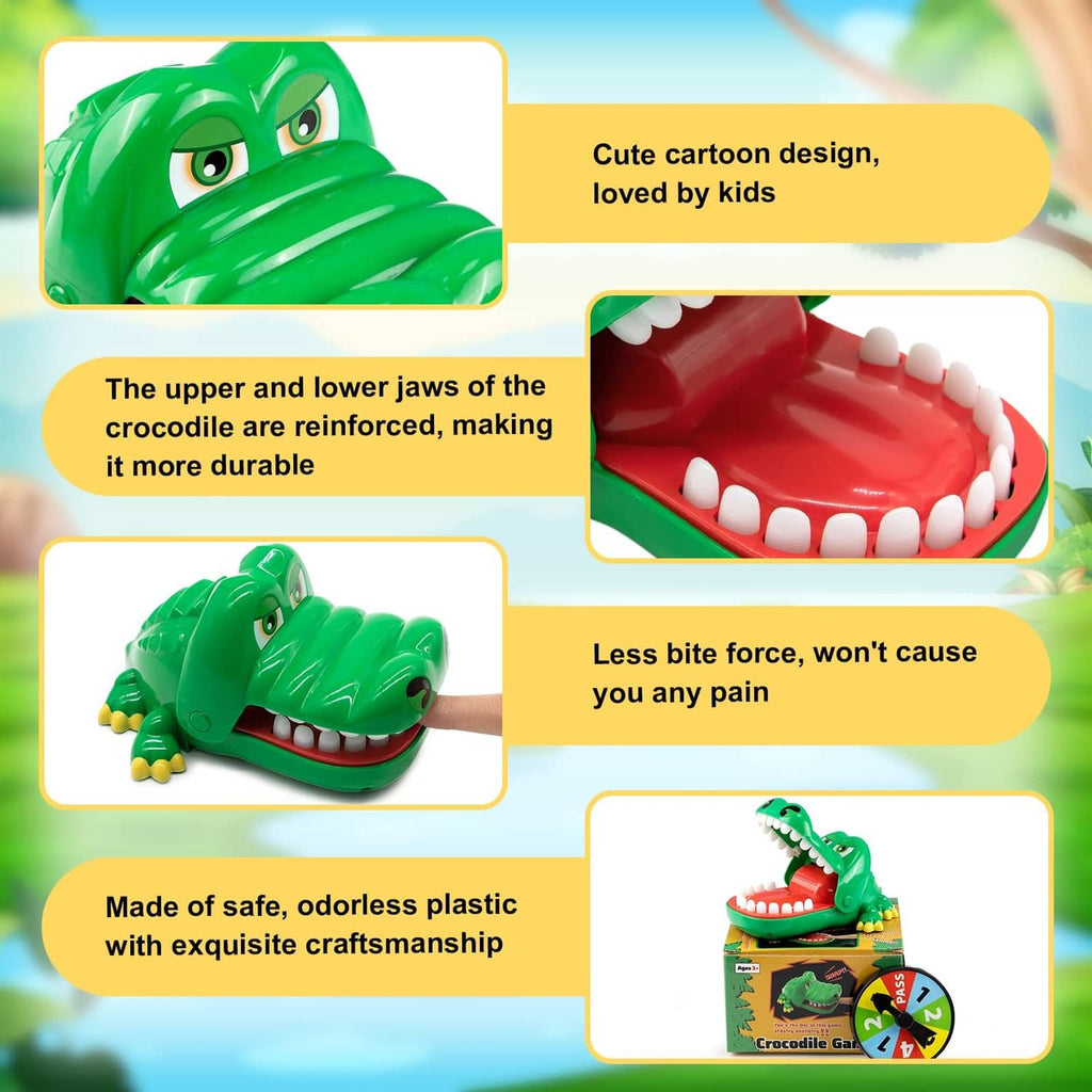 Green crocodile dental game toy with reinforced jaws and red mouth with white teeth