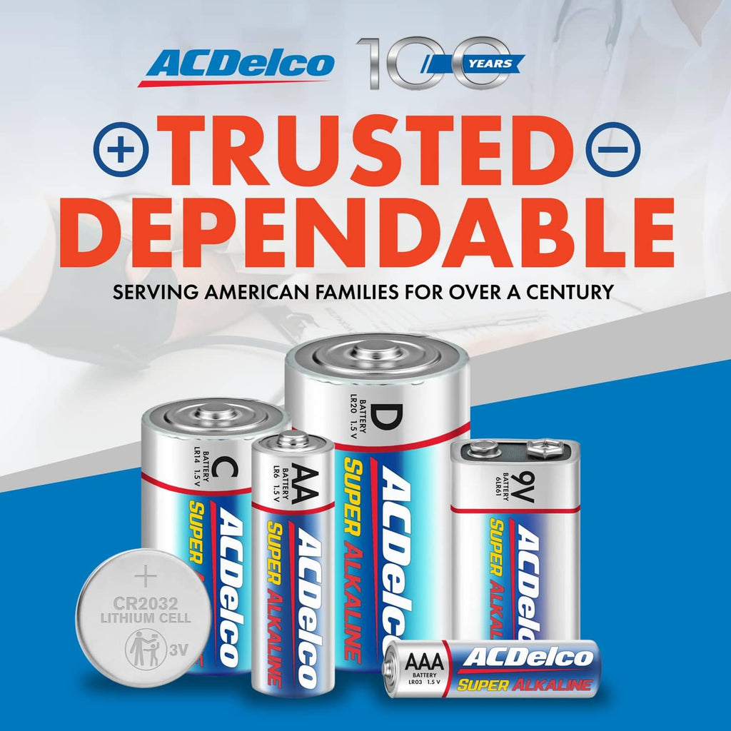 Alkaline C battery with AAA and CR2032 coin cell batteries in blue tray.