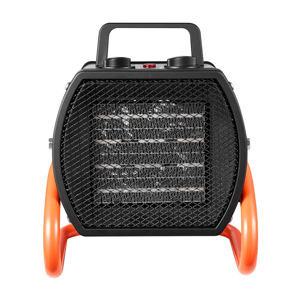 Electric greenhouse heater with black mesh front and orange side handles