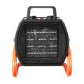 Electric greenhouse heater with black mesh front and orange side handles