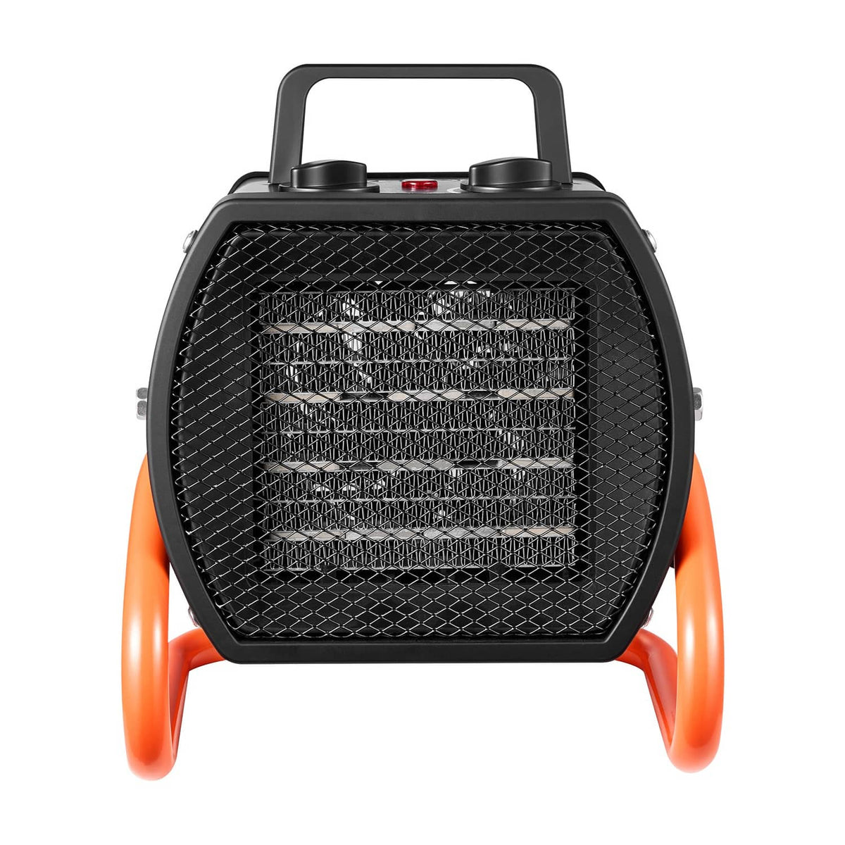 Electric greenhouse heater with black mesh front and orange side handles