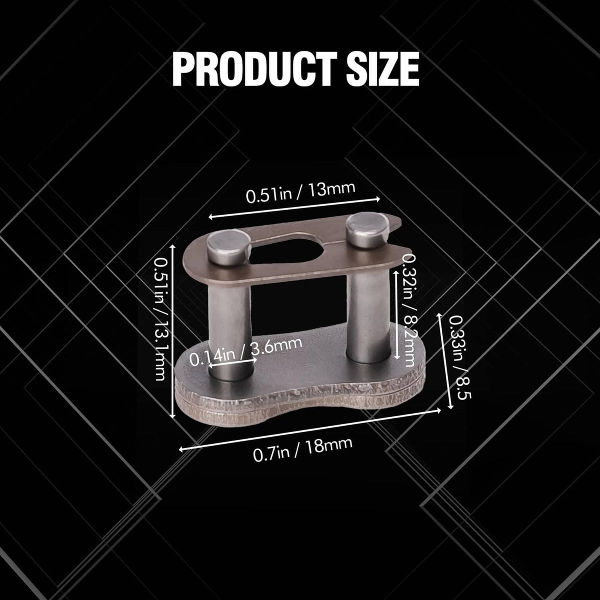 Bike chain master link connector size diagram, steel gray, 0.7in wide