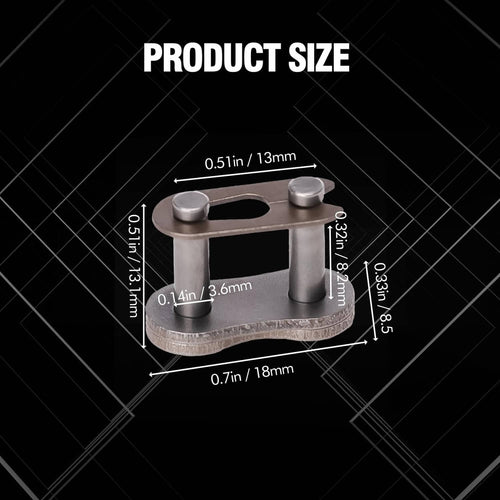 Bike chain master link connector size diagram, steel gray, 0.7in wide