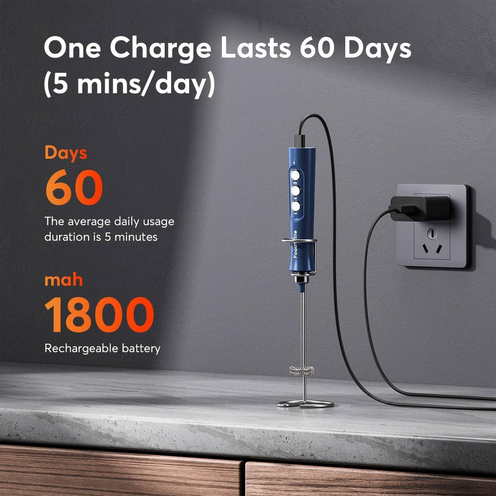 Blue rechargeable milk frother standing on base with USB charging cable.
