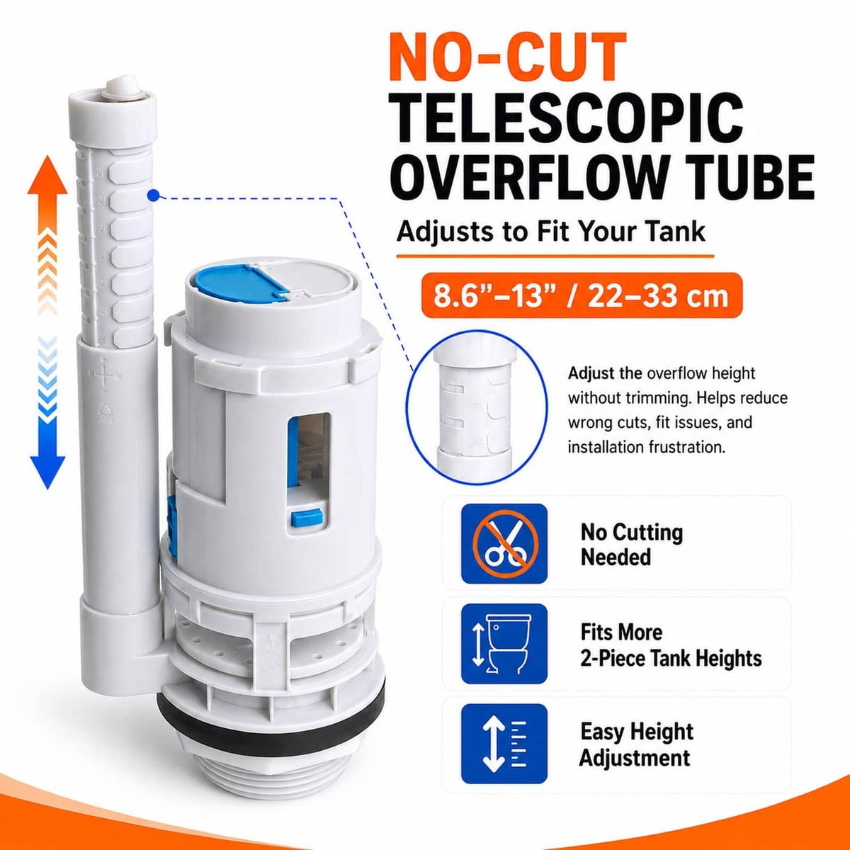 Adjustable telescopic overflow tube with dual flush valve and fill valve assembly