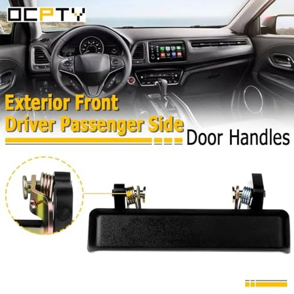 Black exterior door handle with visible mounting hardware and spring posts