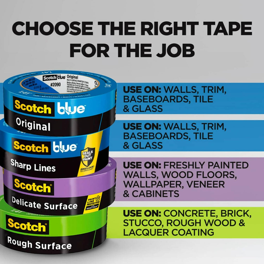Stack of painter's tape rolls in different colors for matching surface types