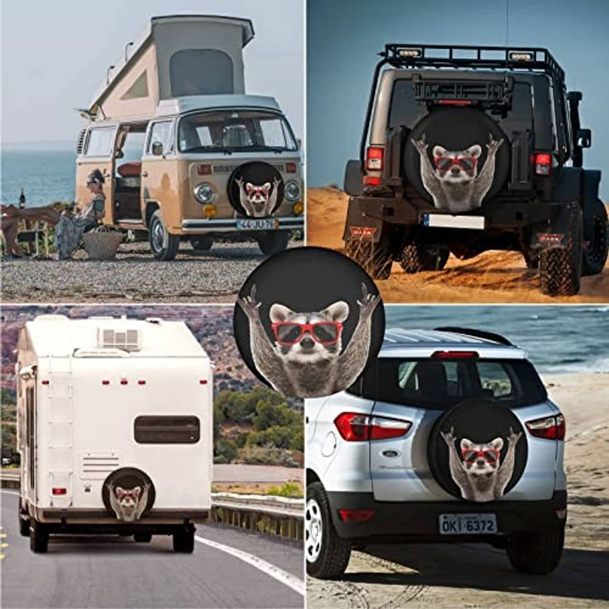 Raccoon face spare tire cover with red glasses shown on vehicle wheel