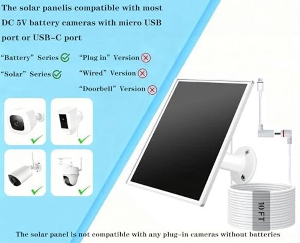 Solar panel with USB-C cable showing compatibility with DC 5V battery cameras