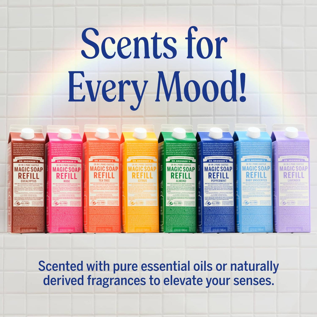 Multiple Magic Soap refill bottles lined up with “Scents for Every Mood!” text