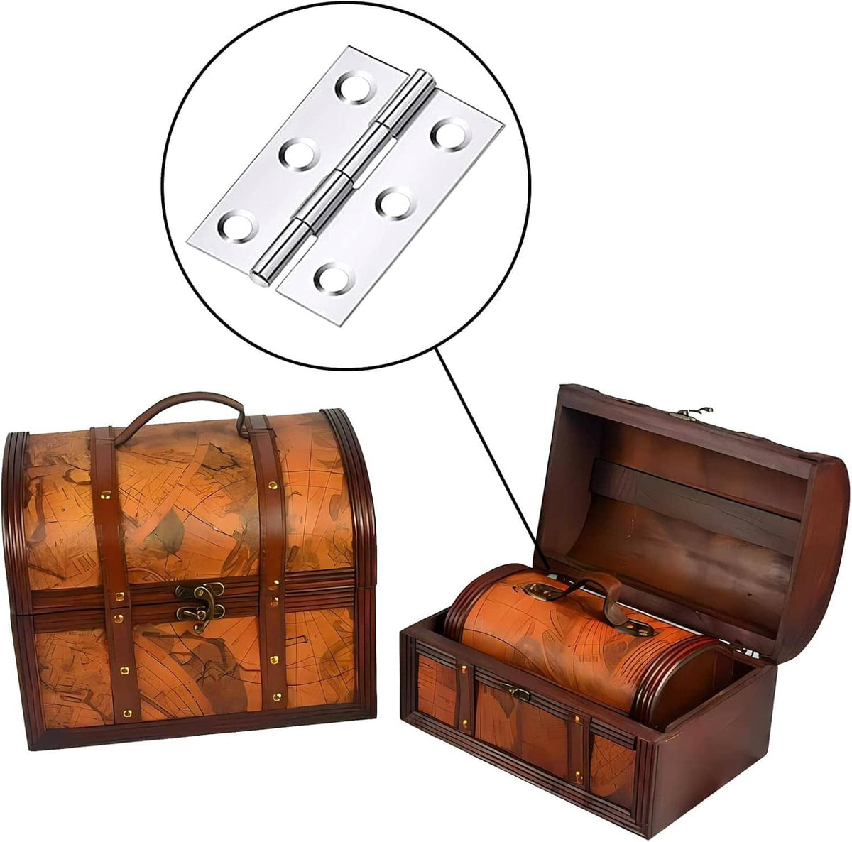 Stainless steel hinge with screw holes, shown attached to a wooden storage chest