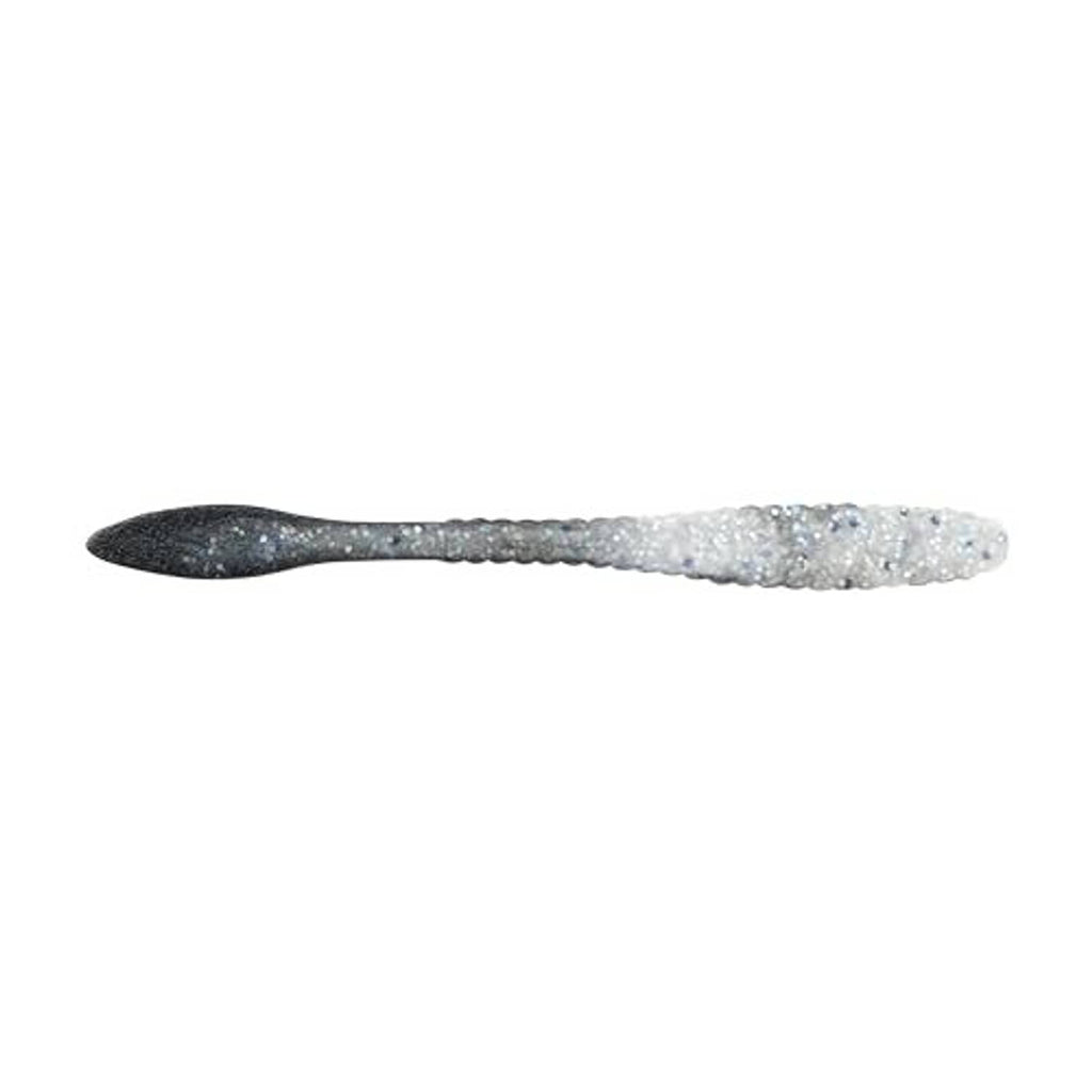 Soft plastic fishing worm lure, white body with dark speckled tail