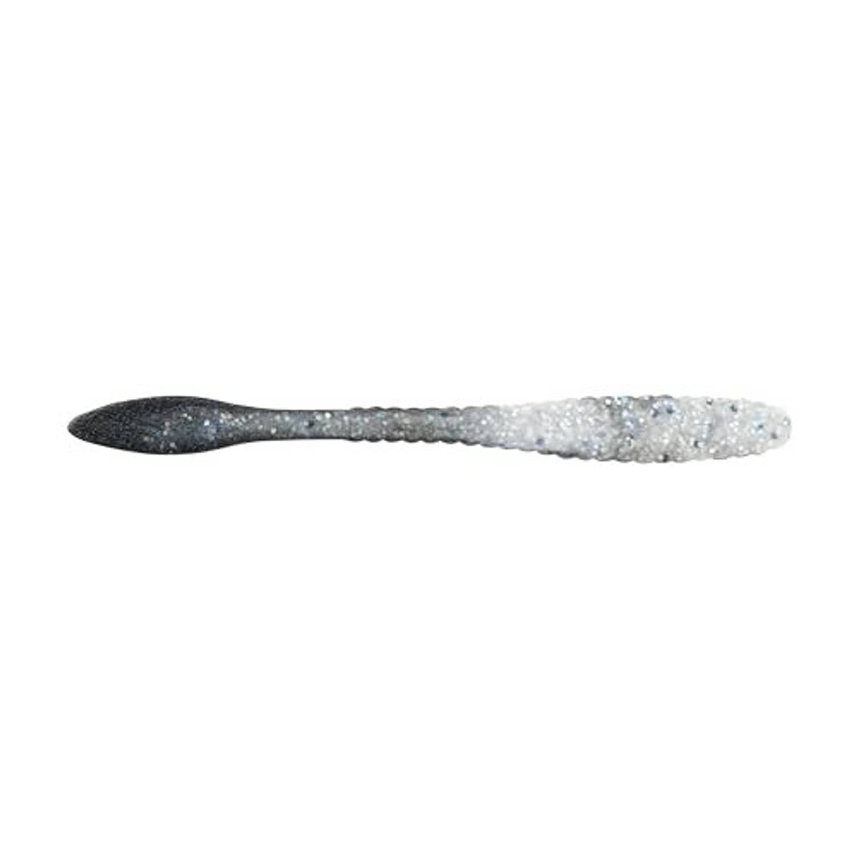 Soft plastic fishing worm lure, white body with dark speckled tail