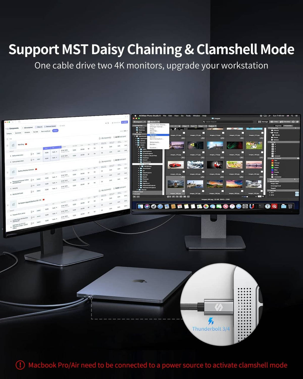 USB-C to DisplayPort cable connected to dual monitors for workstation mode