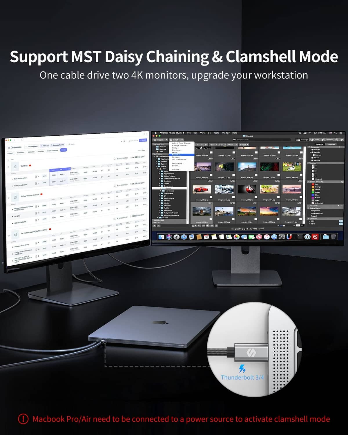 USB-C to DisplayPort cable connected to dual monitors for workstation mode