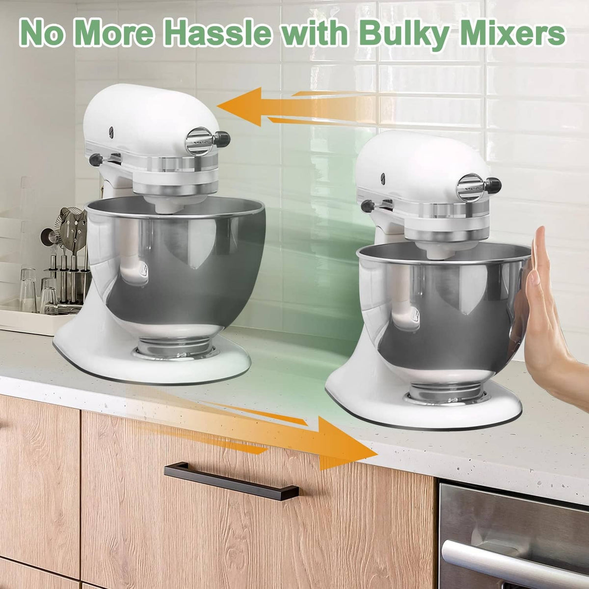 White anti-slip moving mat under stand mixer base, helps slide on countertops