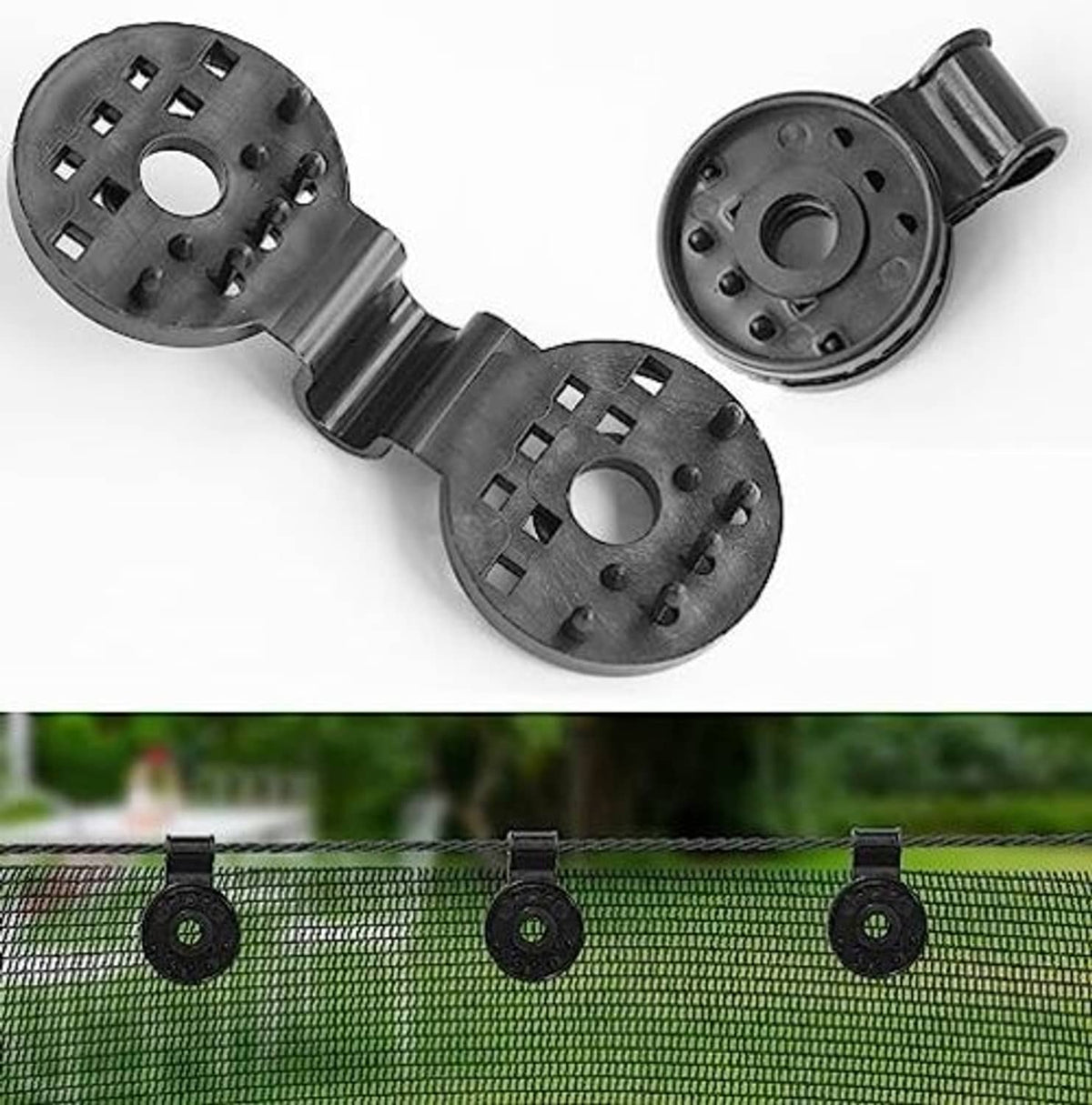 Set of black round plastic shade cloth clips with bar connector and mounting holes