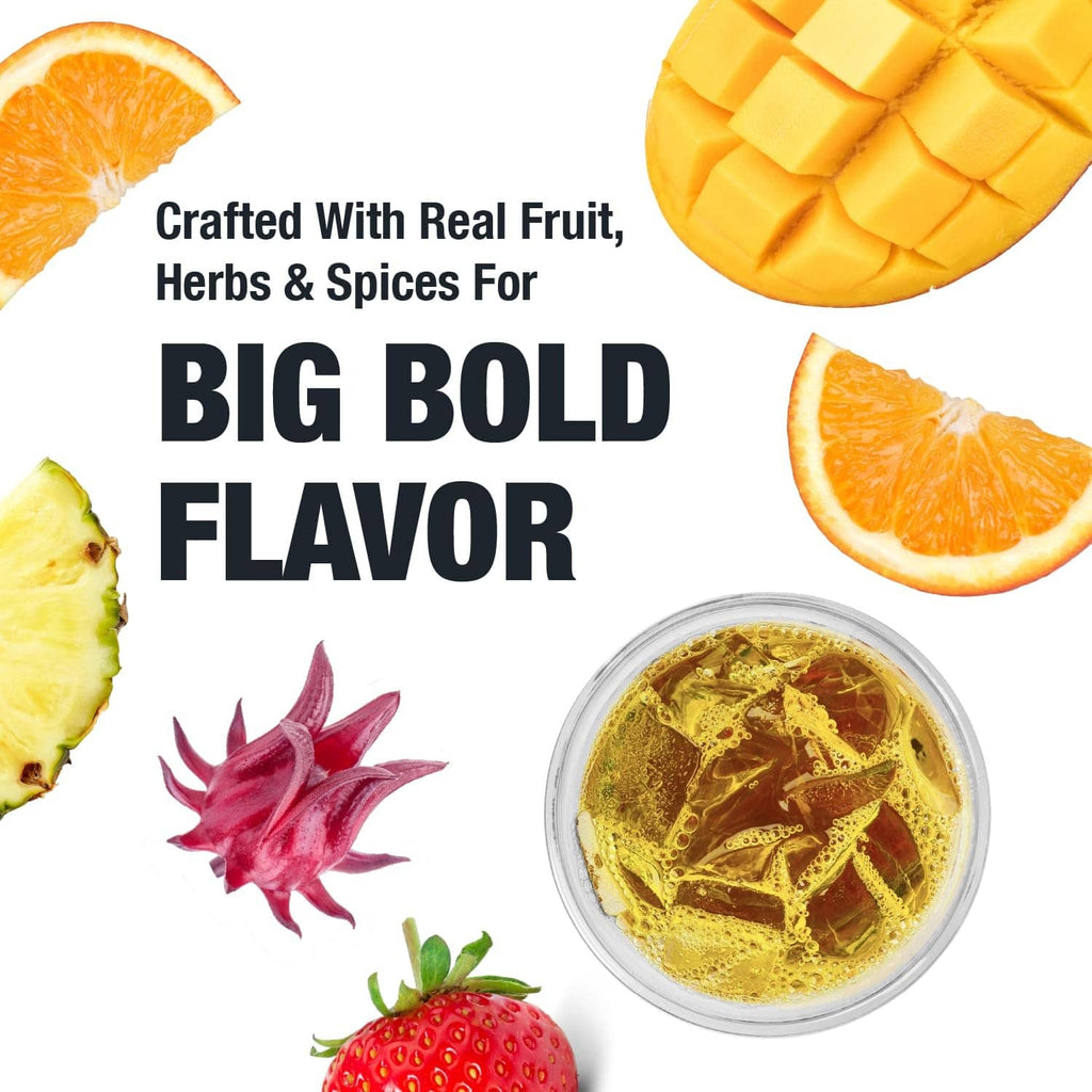 Cold brew tea blend with real fruit slices and herbs/spices in a clear cup