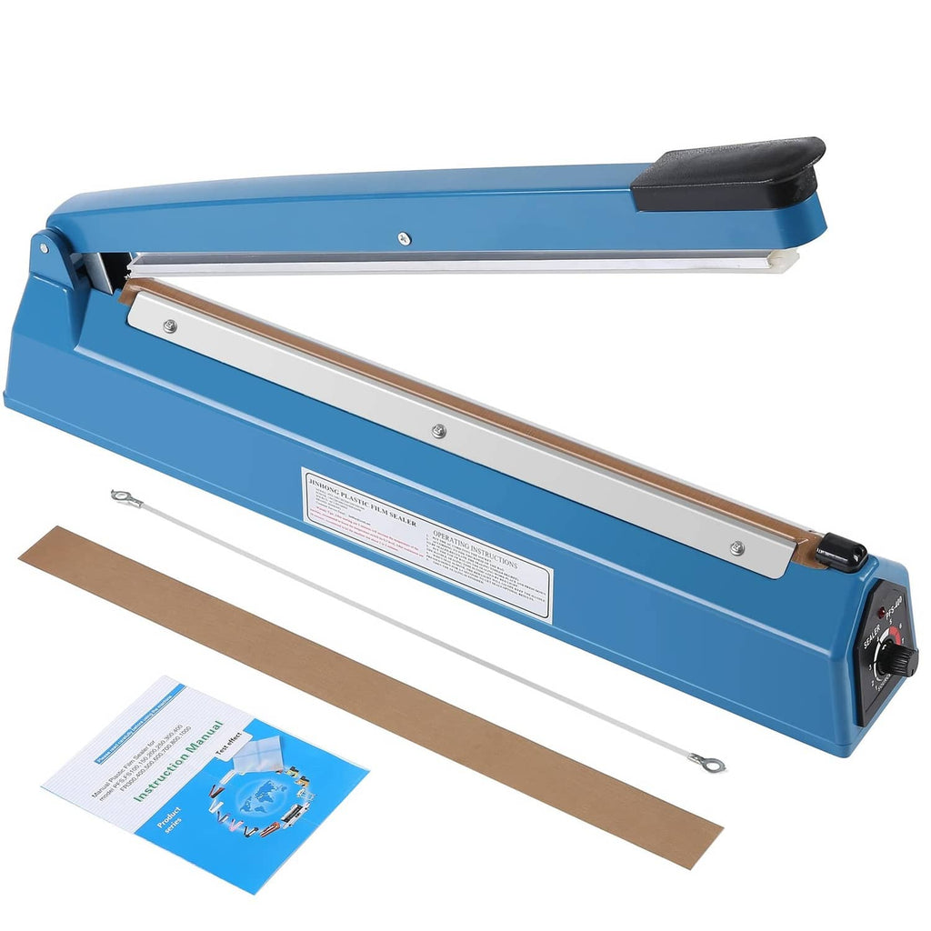 Blue manual impulse heat sealer with black handle and sealing bar