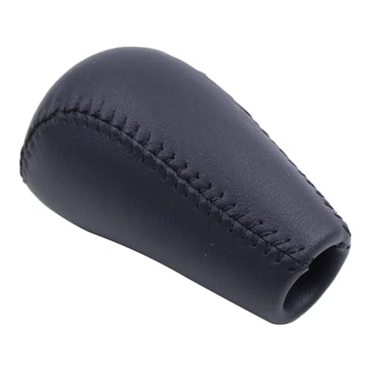 Leather gear shift knob with visible contrast stitching along the curved seam