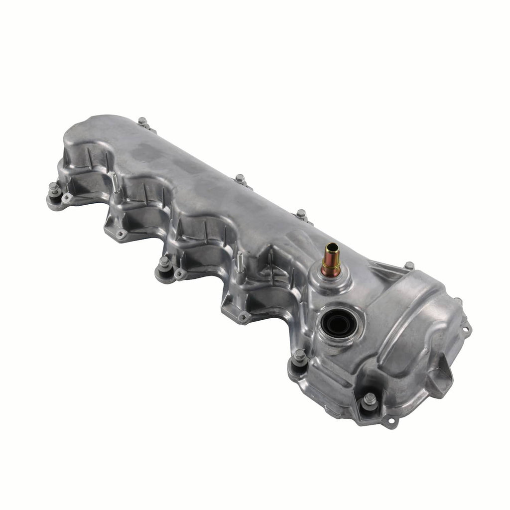Left-side engine valve cover with metallic gray housing and circular oil inlet