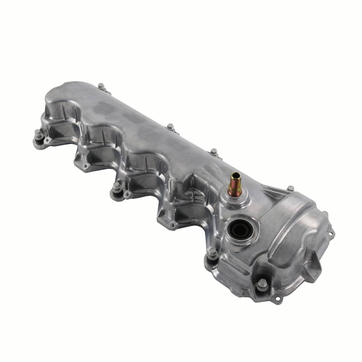 Left-side engine valve cover with metallic gray housing and circular oil inlet