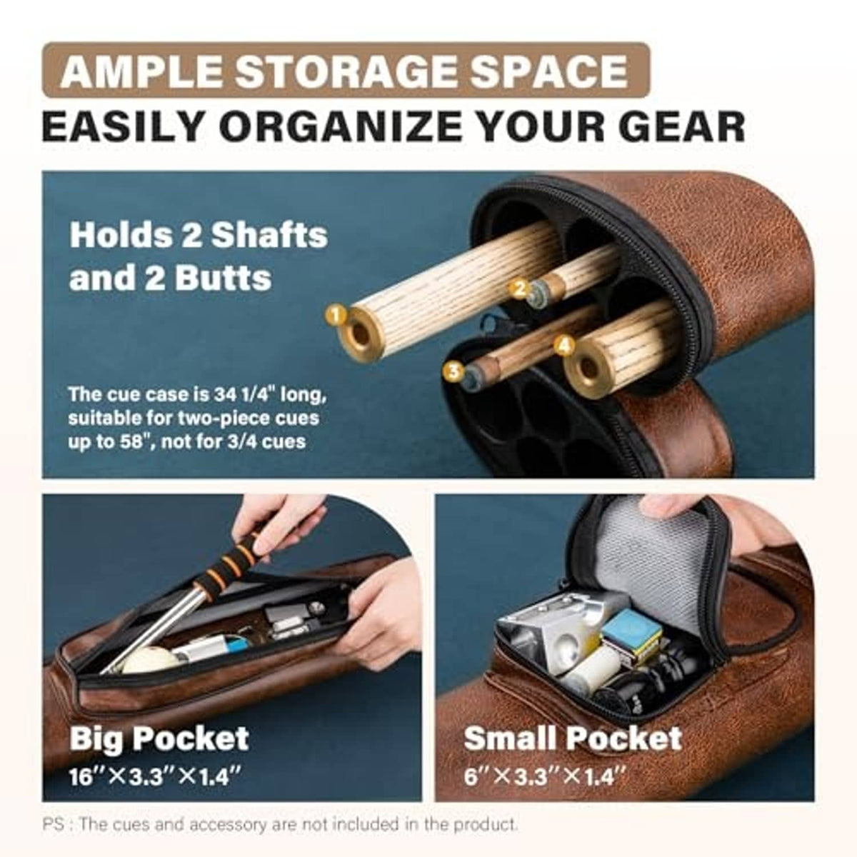 Brown pool cue case with compartments and front zip pockets for cue parts