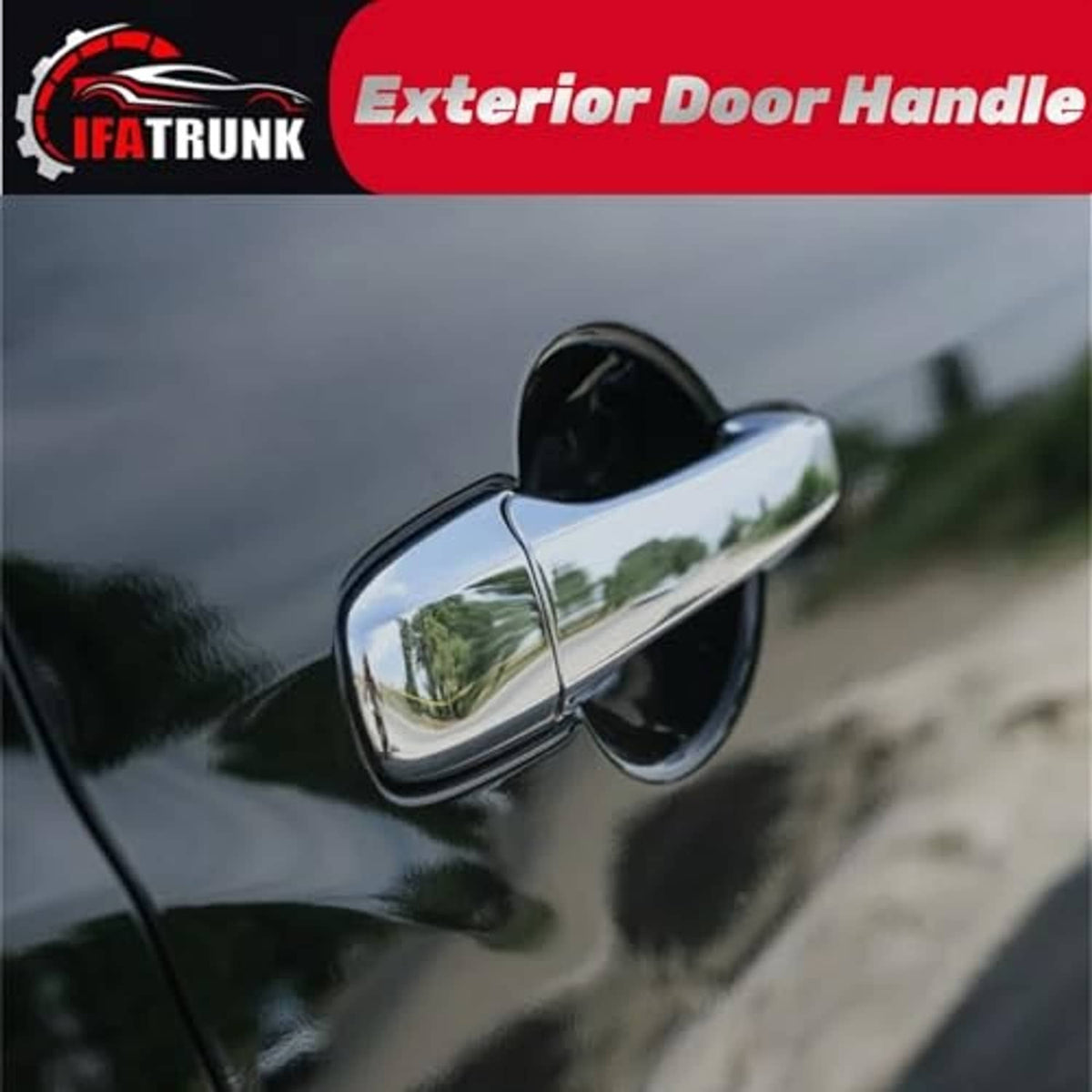 Close-up of silver chrome exterior door handle with glossy oval cover