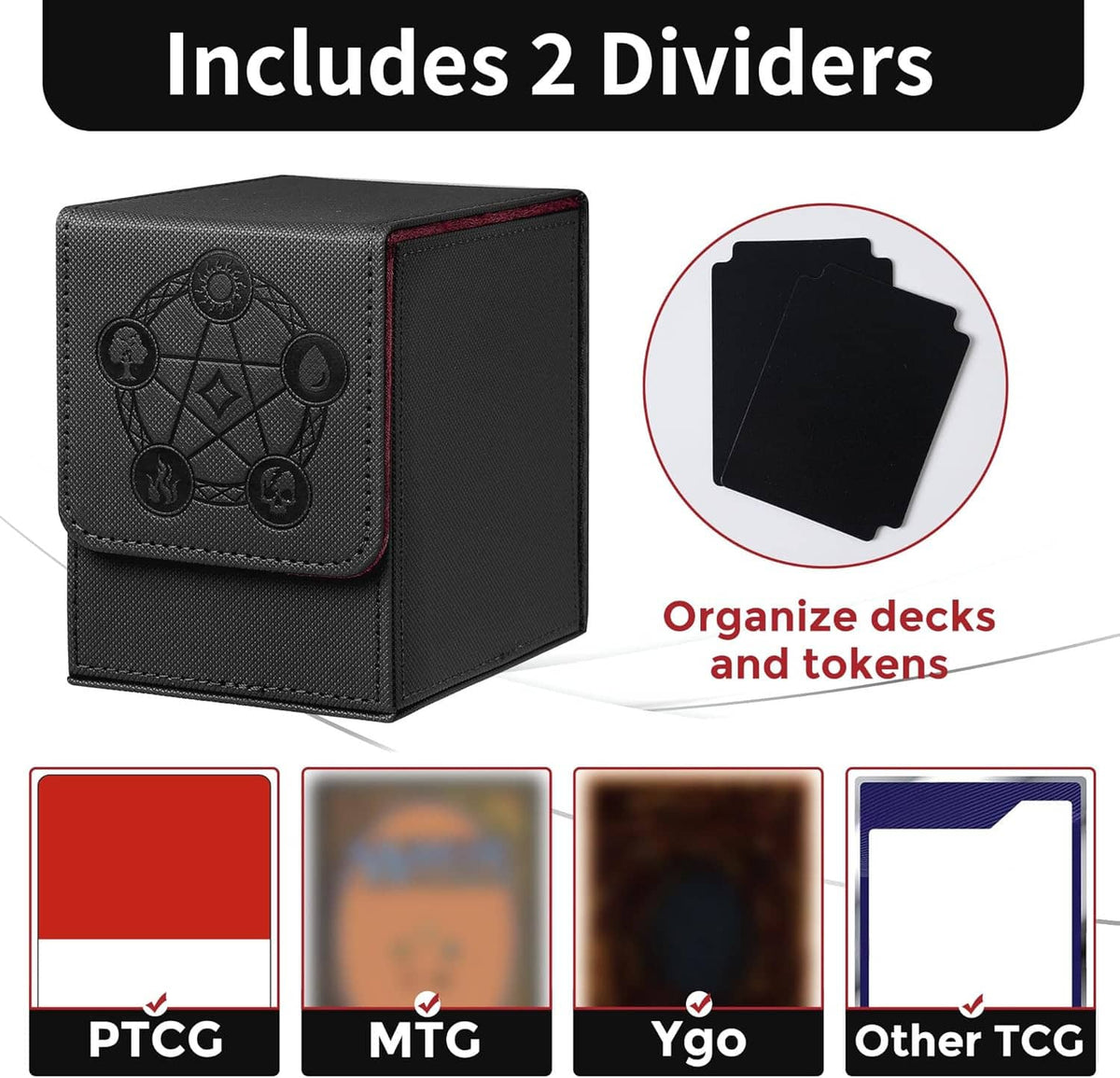 Black magnetic deck box with embossed front, includes two interior divider sleeves