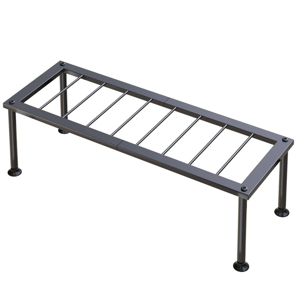 Black metal 1-tier long rectangular plant stand with slatted top and four legs