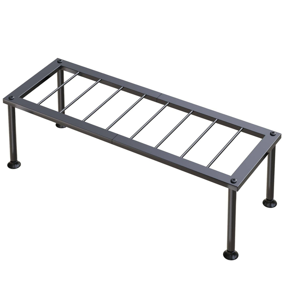 Black metal 1-tier long rectangular plant stand with slatted top and four legs