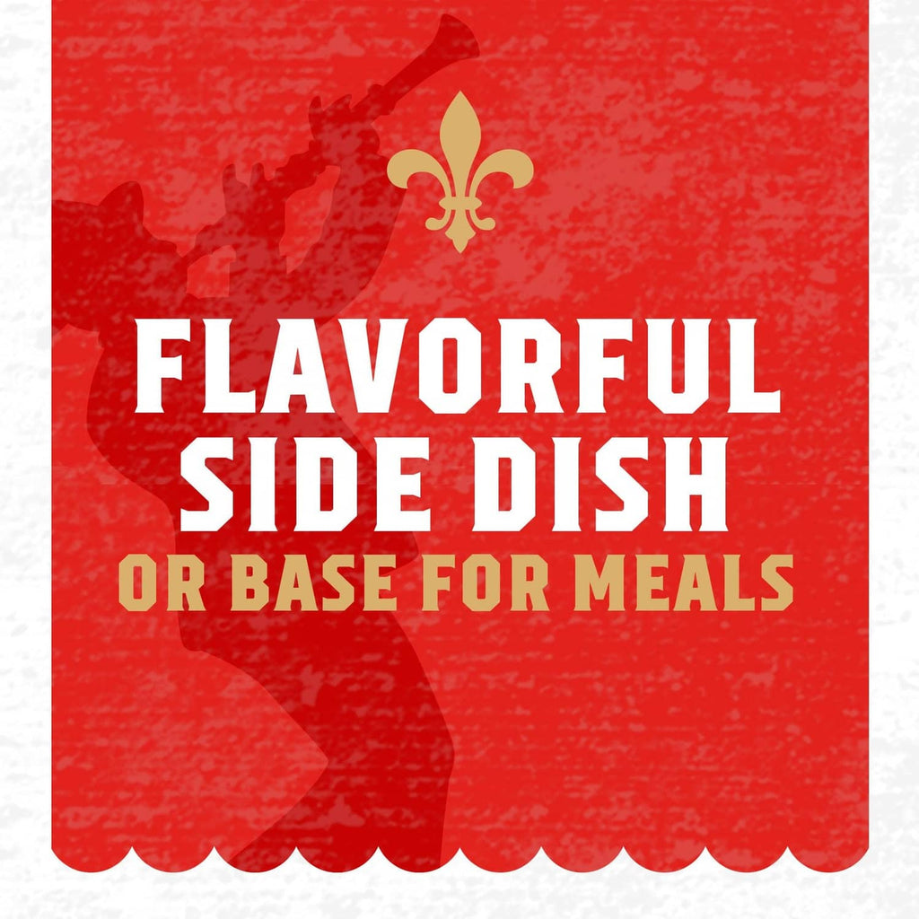 Red packaging panel reading “Flavorful side dish or base for meals” with fleur-de-lis