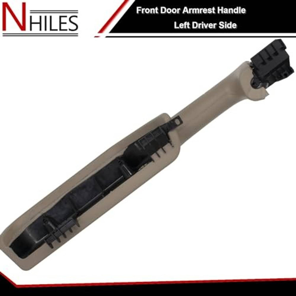 Beige front door armrest handle, underside with black mounting tray and tabs