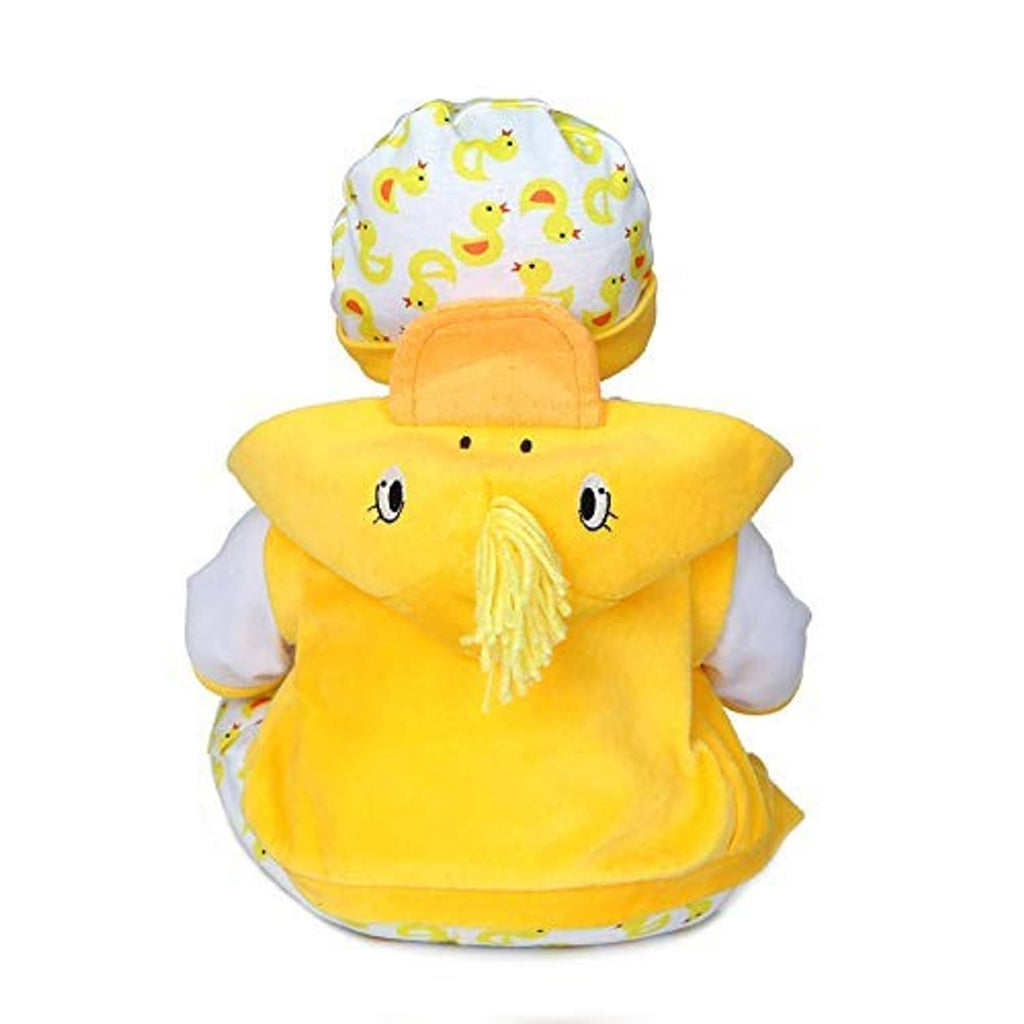 Yellow duck-themed hooded jacket with tassel, showing duck print on the back