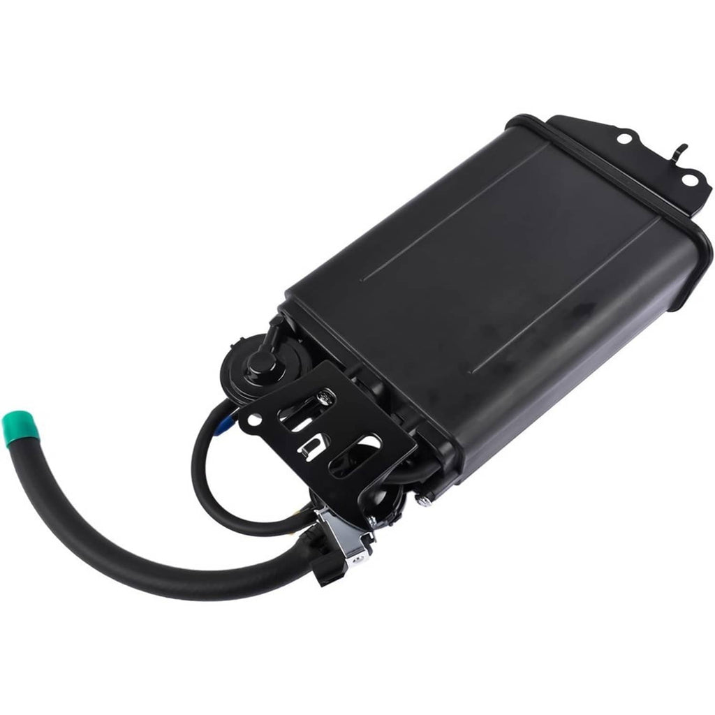 Fuel vapor charcoal canister with black housing, hoses, and side electrical connector