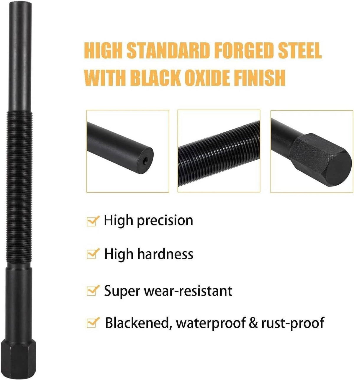Black oxide-finish steel clutch puller tool with threaded shaft and flat end