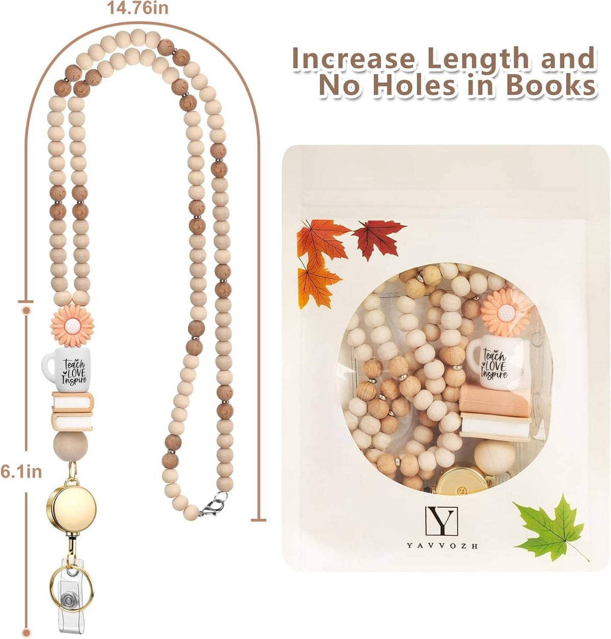 Wood bead retractable lanyard with ID holder reel and round charm, loop length shown