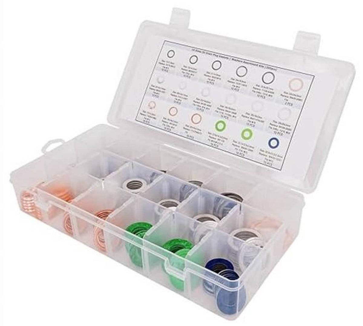 Oil drain plug gasket washer assortment kit, clear case with labeled size chart on lid