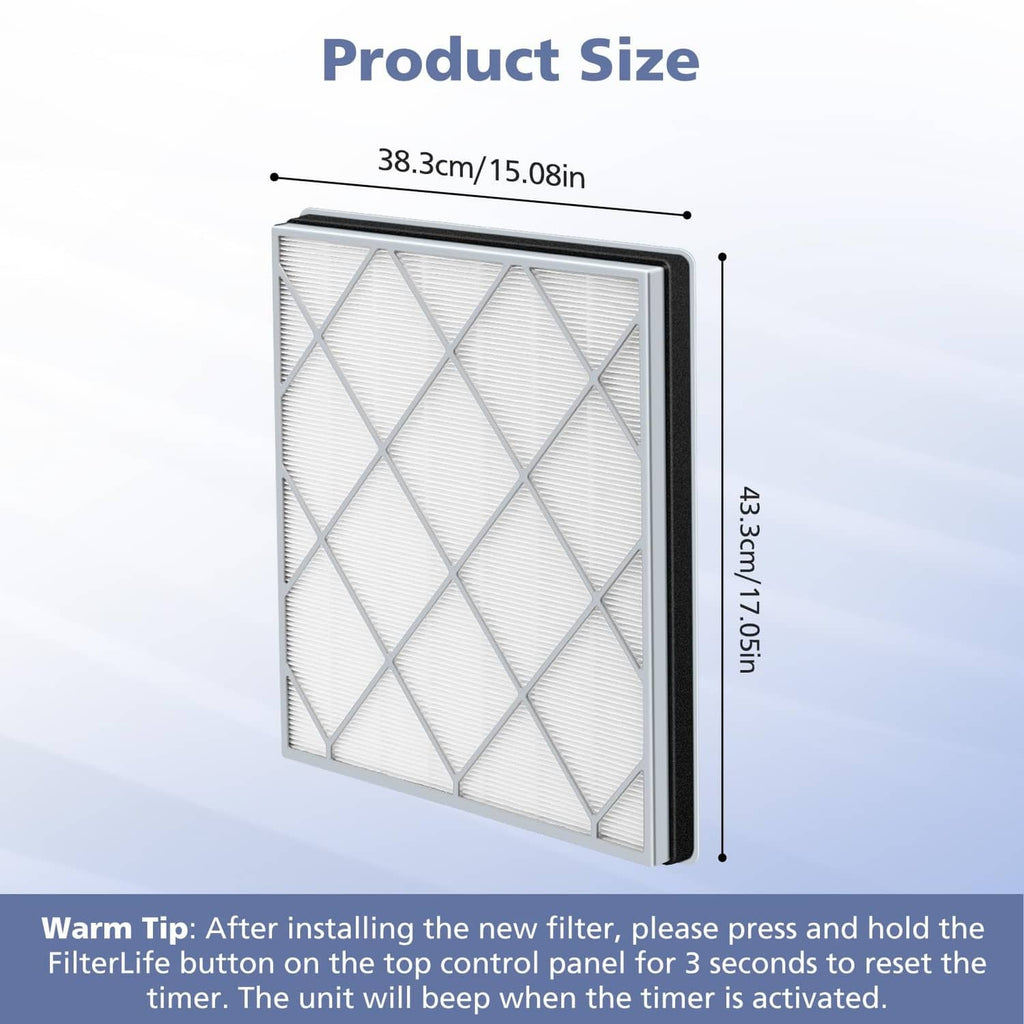 Air purifier replacement filter shown in size diagram with white pleated panel