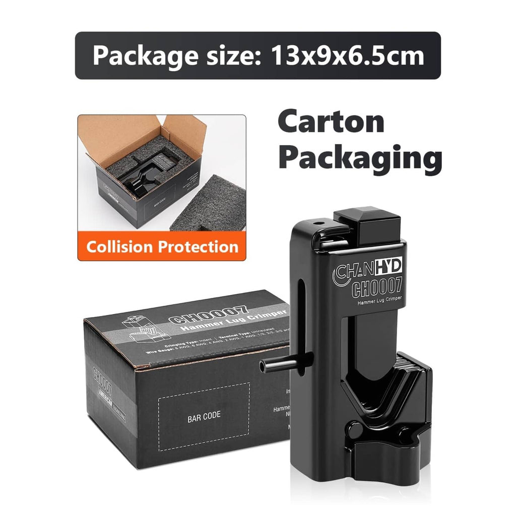 Black hammer lug crimping tool with protective shipping box and carton packaging