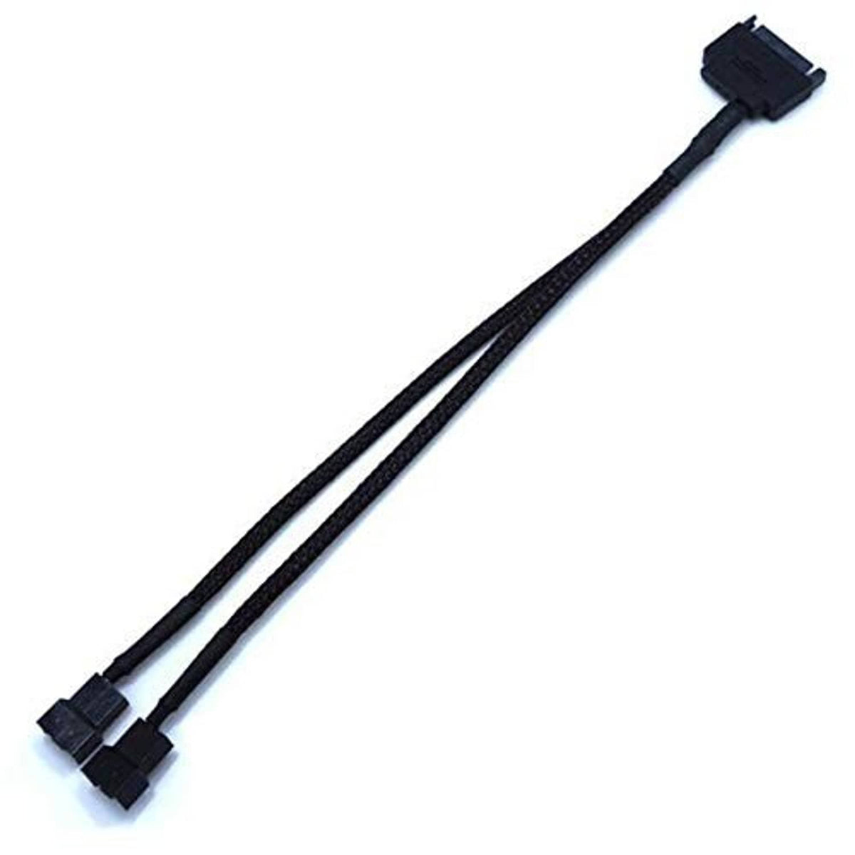 Black braided adapter cable with two 2-pin fan connectors at one end