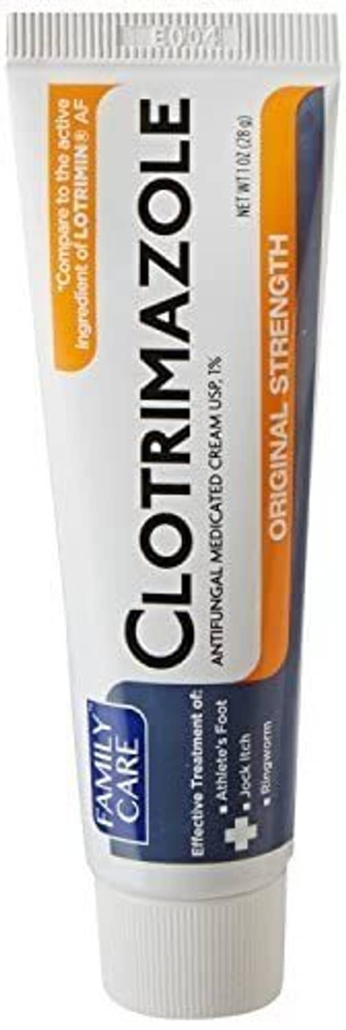 Clotrimazole anti-fungal cream tube, 1% strength, white ribbed cap
